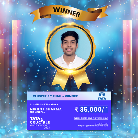 Nikunj Sharma triumphs at the Tata Crucible Campus Quiz 2023—Karnataka Cluster Finals Nikunj Sharma triumphs at the Tata Crucible Campus Quiz 2023—Karnataka Cluster Finals